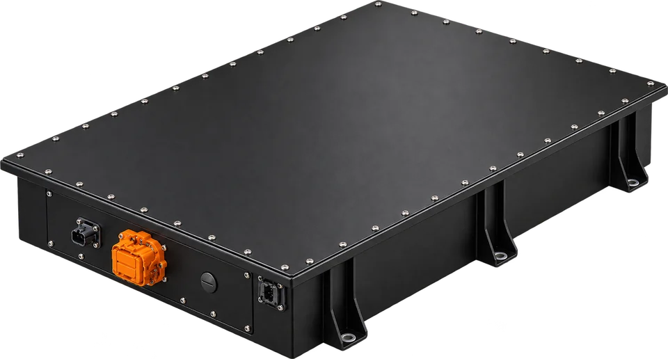 LFP battery pack in a black enclosure with mounting brackets